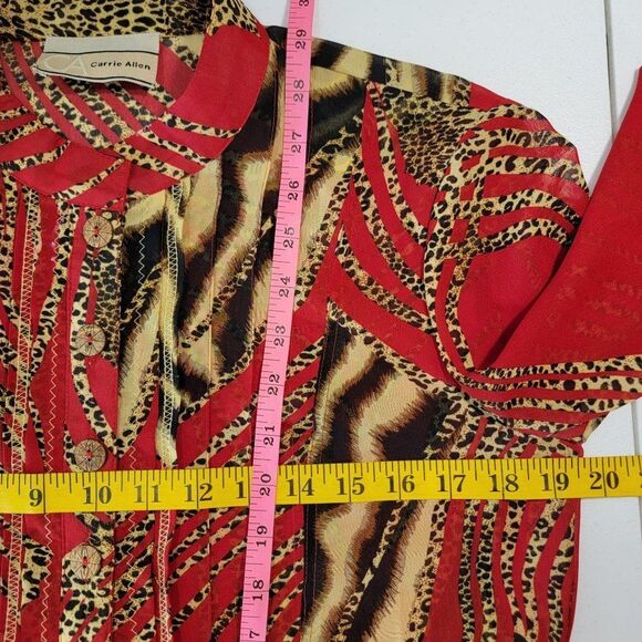 Carrie Allen Animal Print Button Up Blouse Women M Red Leopard LS Sheer Mob Wife - Picture 12 of 13